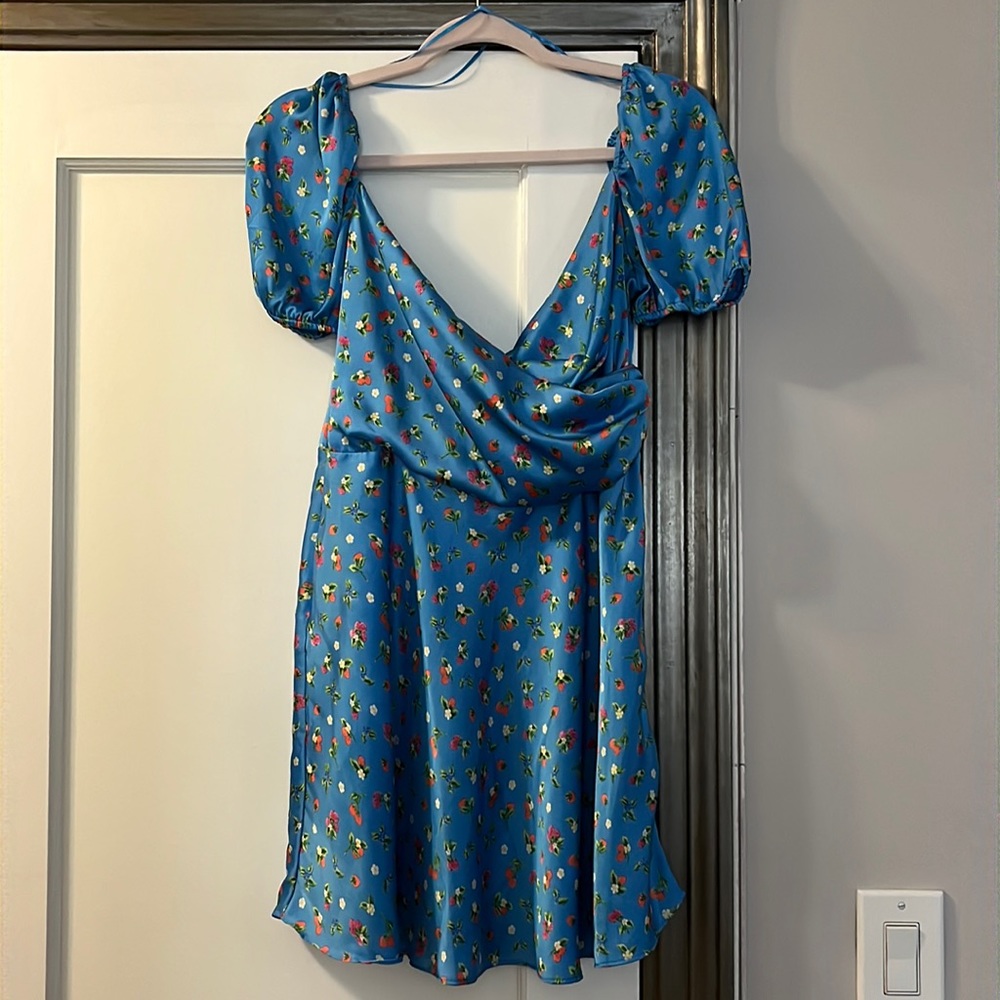 Zara puff sleeve blue dress with floral pattern